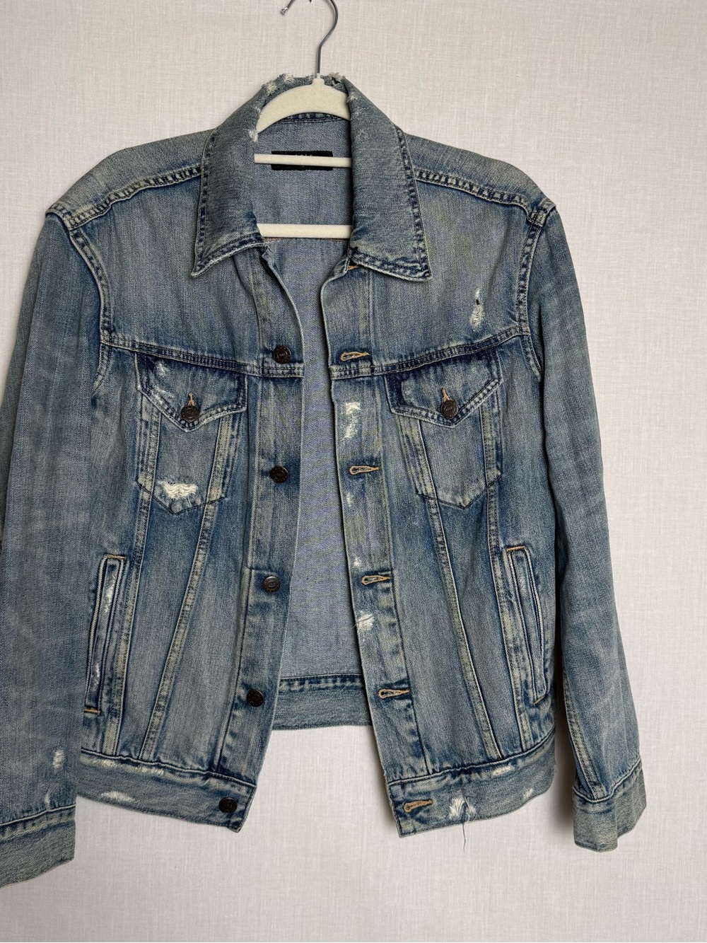 ABLE Distressed Denim Jacket Women’s Medium Light Wash Trucker Jean Jacket